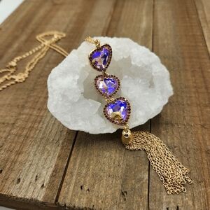 Triple Heart Pendant Necklace • Pink AB Stones • Gold Tassel • Length 21.5"